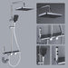 Luxury 4-function rainfall shower system set with large overhead, hand-held shower, bidet spout, and tub faucet.