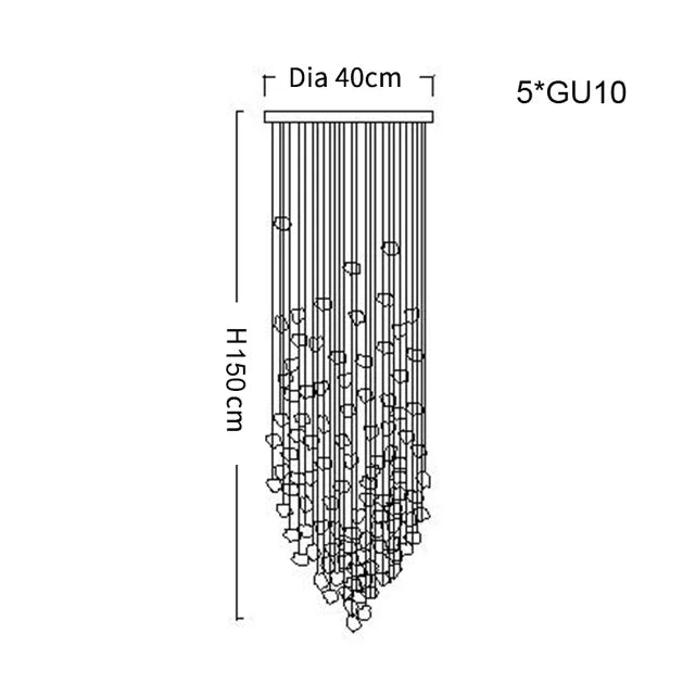 Luxury chandelier diagram with dimensions 40cm diameter and 150cm height featuring GU10 bulbs.