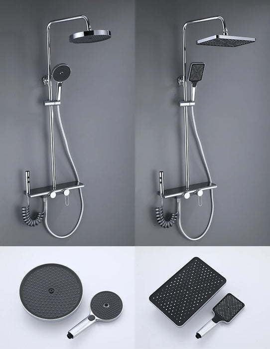 Luxury 4-function rainfall shower system set featuring round and square shower heads with hand-held shower and spout attachments.