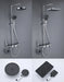 Luxury 4-function rainfall shower system set featuring round and square shower heads with hand-held shower and spout attachments.