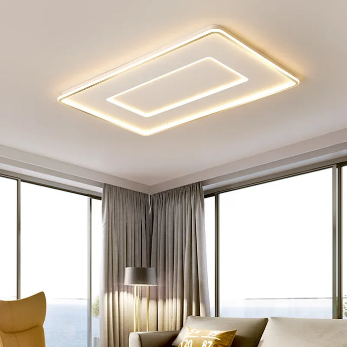 Modern geometric LED ceiling lamp with soft illumination in a stylish living room interior.