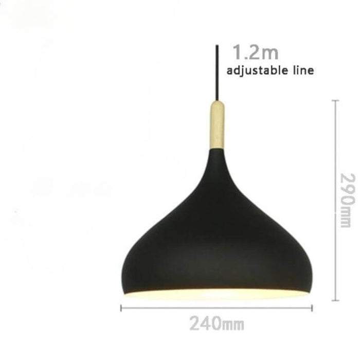 Modern Nordic teardrop wood pendant light with adjustable 1.2m line, black aluminum shade, and natural wood accent.