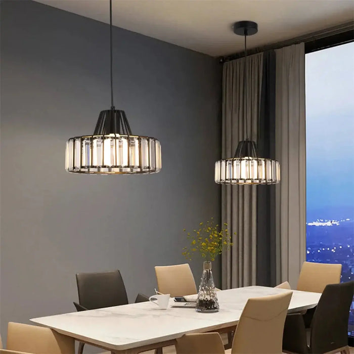 Modern caged glass pendant lights above dining table in elegant room decor