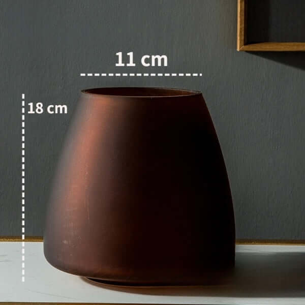 Brown frosted glass vase with measurements 18 cm height and 11 cm diameter, elegant home decor piece on display.