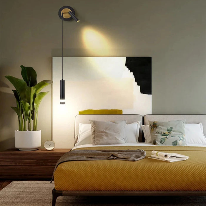 Contemporary bedroom with Adjustable Nordic Double Head LED Wall Lamp illuminating above bed. Modern design and versatile lighting.