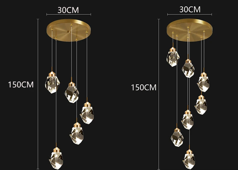 Luxury Crystal Dropping Stones Chandelier with gold finish, featuring adjustable cascading crystal stones for elegant home decor.