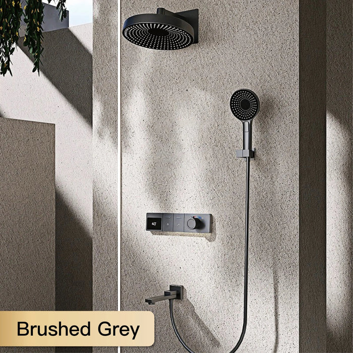 Luxury brass shower system with LED display in brushed grey finish, featuring dual control faucet for temperature and volume.