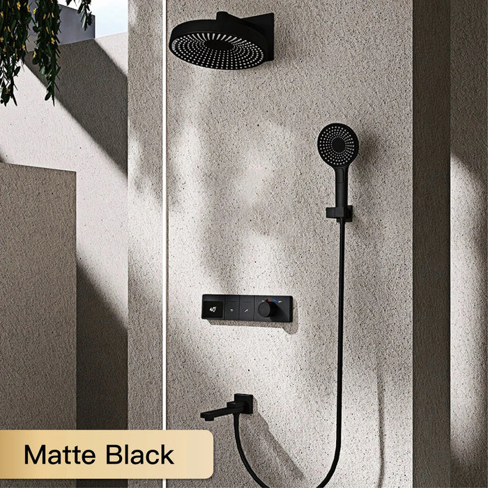 Matte black luxury brass shower system with hidden LED display for modern bathrooms