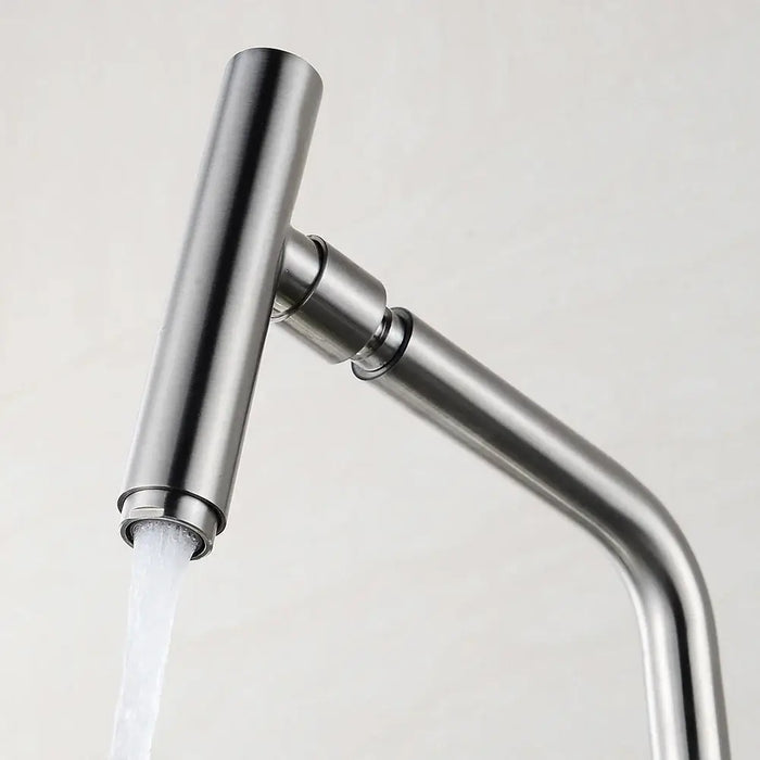 Stainless steel rotary kitchen faucet with brushed finish and water flow