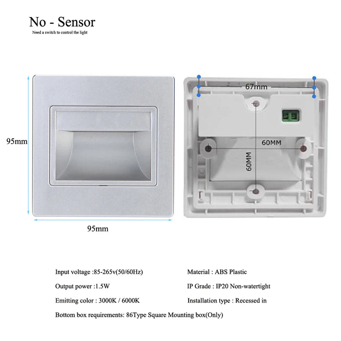 Recessed LED walkway light design with dimensions and specifications for indoor applications, featuring no-sensor model.