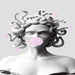 Modern Medusa sculpture with snake hair and blowing bubblegum against gray background.