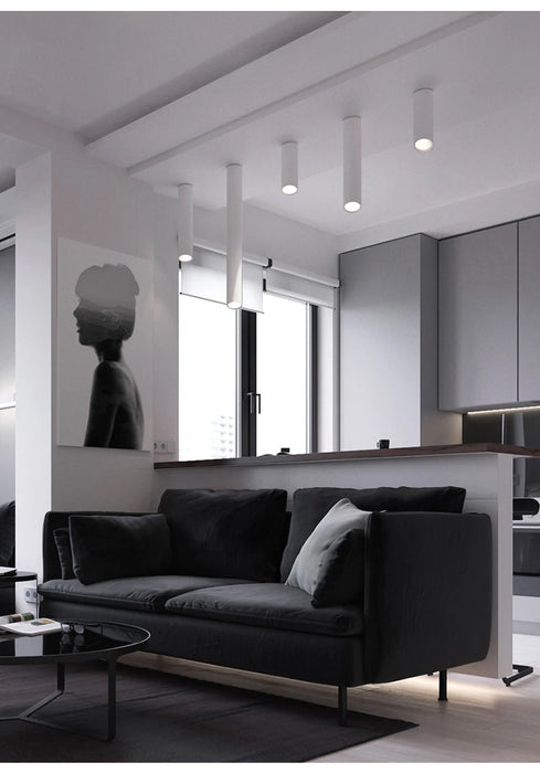 Modern living room with long tube LED ceiling lamps, black sofa, and minimalist decor.