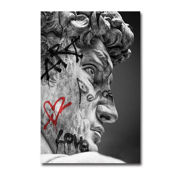 Graffiti art canvas of Michelangelo's David sculpture, featuring modern black and white design with artistic text overlay.