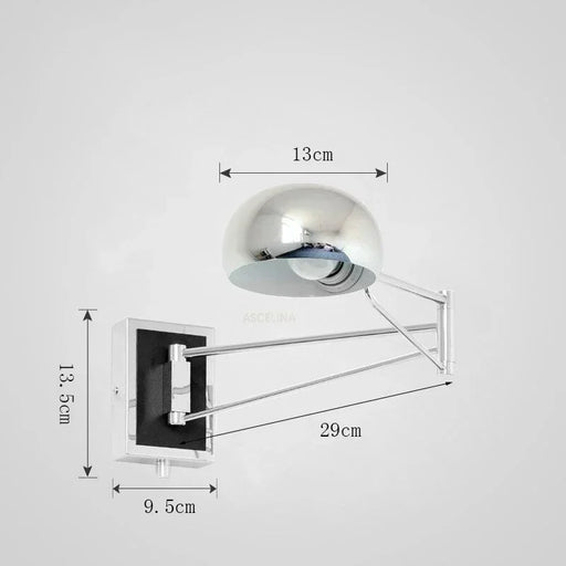 Nordic Macaron Wall Lamp with retractable folding arm and chrome finish, ideal for modern interiors, shown with dimensions.