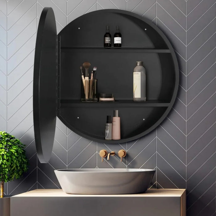 Modern round bathroom mirror cabinet with niche storage, premium aluminum construction, open door, displaying shelves and toiletries.