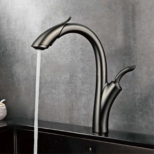 Elegant black pull-out kitchen faucet with single-handle design for versatile use, showcased over a modern sink.