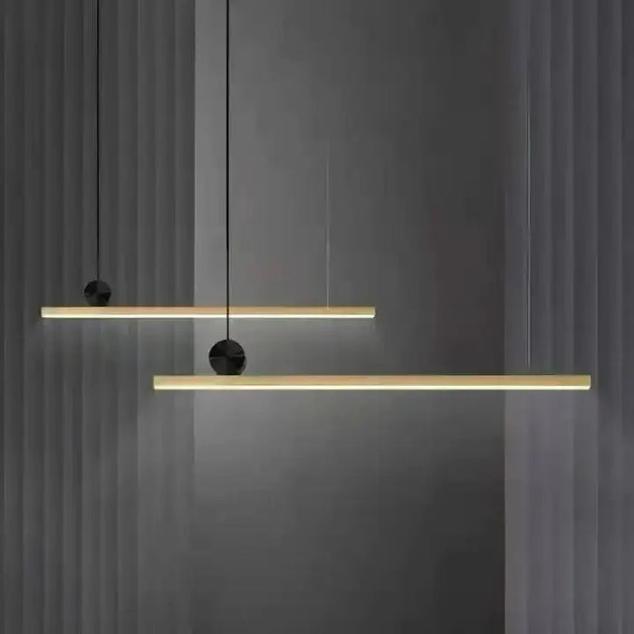 Minimalist linear LED bar pendant chandelier with modern geometric design, perfect for office or restaurant interiors.