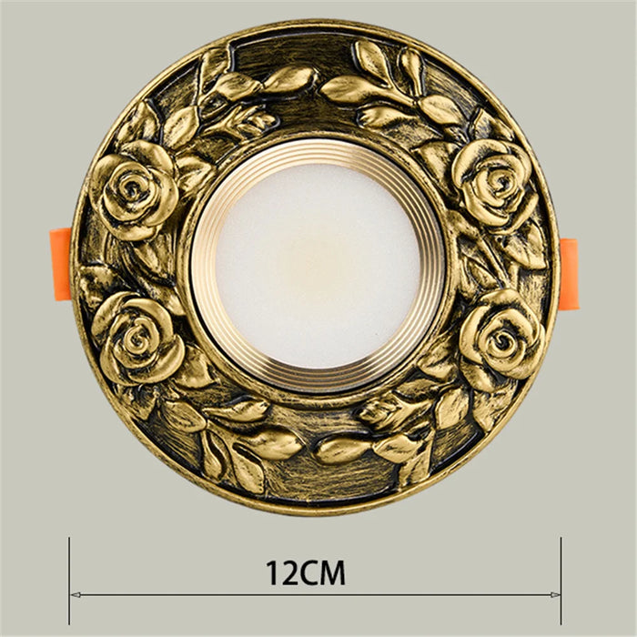 European Retro Bronze LED COB Downlight with floral design, 12cm diameter, CE certified for versatile installation.