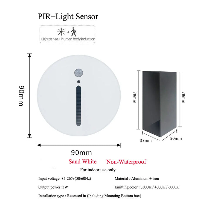 PIR sensor step light with motion detection, dimensions, and specifications for indoor use, made of aluminum and iron, non-waterproof