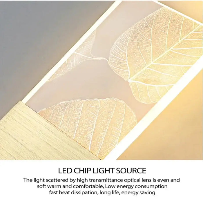 Modern LED wall lamp with leaf design and energy-saving optical lens for even and soft lighting, emphasizing comfort and efficiency.