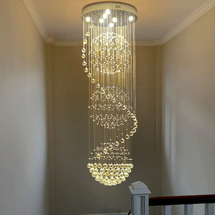 Ultra-modern LED spiral crystal chandelier with luxury design and clear crystals, compatible with multiple voltage levels.