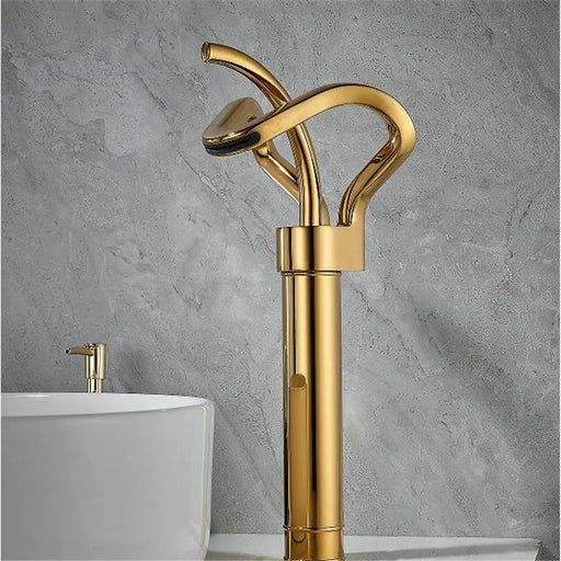 Creative brass waterfall basin faucet with elegant design and durable electroplated finish in a modern bathroom setting.