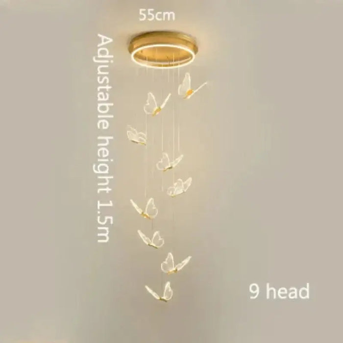 Rotating Butterfly LED Ceiling Chandelier with 9 light heads, adjustable height of 1.5m, diameter of 55cm.