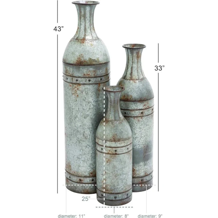 Galvanized Metal Floor Vase Set – Industrial Style with Studs, Set of 3" - HomeComfort365