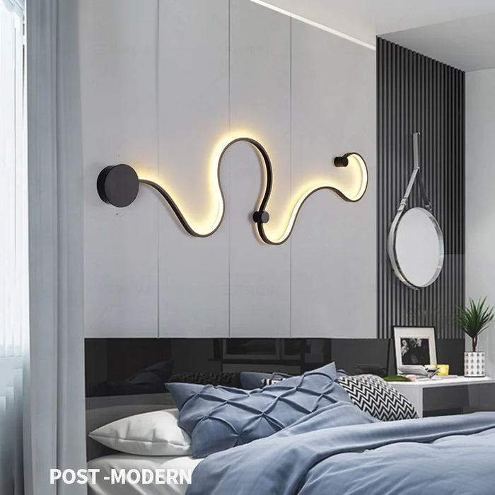 Modern Nordic Curve Wall Lamp in bedroom showcasing elegant LED design with metal and acrylic materials.