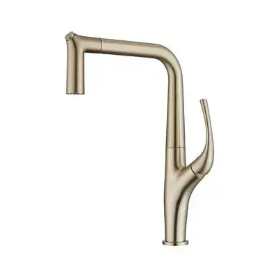 Innovative pull-out kitchen faucet with brass finish, featuring a three-way system for versatile use in modern kitchens.