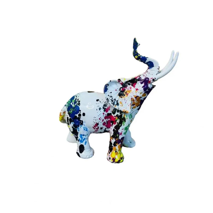 Artistic elephant statue with vibrant graffiti design crafted from synthetic resin, perfect for modern home decor.