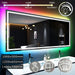 RGB full-body bathroom mirror with dimmable LED, anti-fog, adjustable brightness, shown with vibrant backlit colors and touch controls.