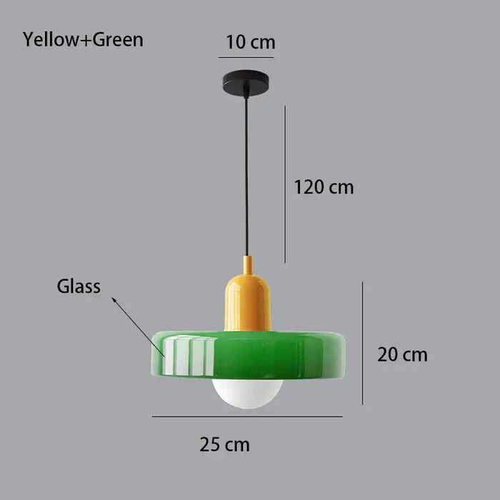 Retro glass pendant light with yellow and green design, detailed dimensions displayed.