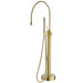 Modern freestanding gold bathtub mixer with shower handle, contemporary floor-mounted design for stylish bathrooms.