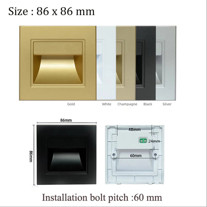 Recessed LED stair walkway lights in gold, white, champagne, black, and silver with dimensions and bolt pitch details.