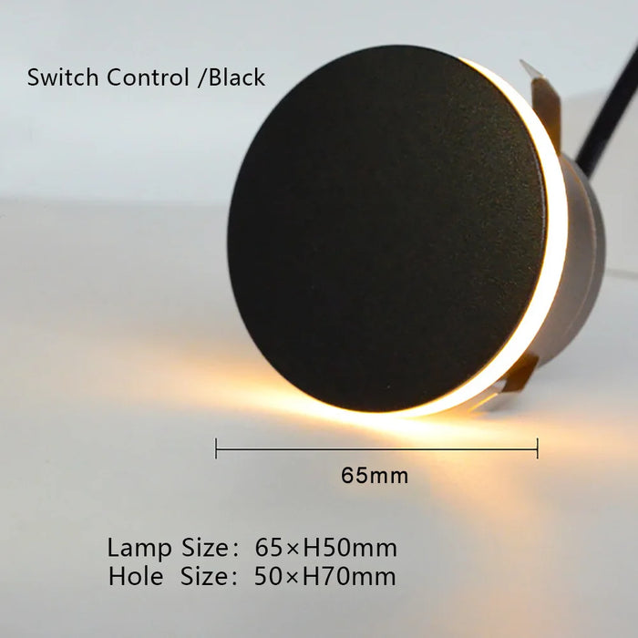 Black round recessed waterproof luminaire with switch control, dimensions 65mm diameter, suitable for indoor and outdoor lighting.