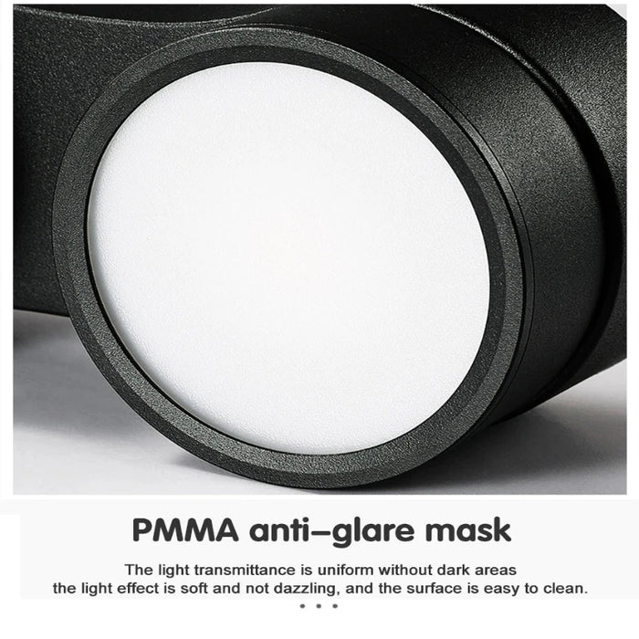 Anti-glare PMMA mask on foldable LED downlight for uniform light and easy cleaning.