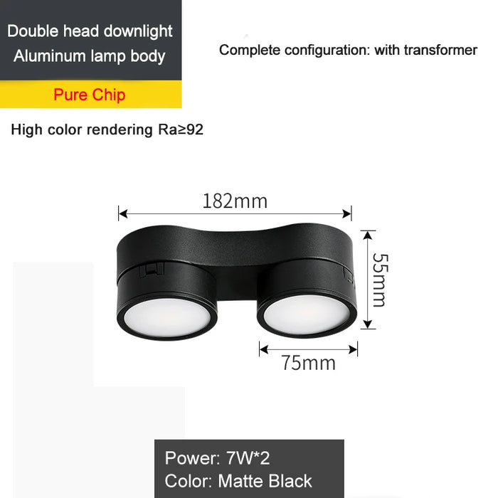 Double head LED downlight with aluminum body, matte black finish, complete with transformer, dimensions 182mm x 75mm x 55mm.