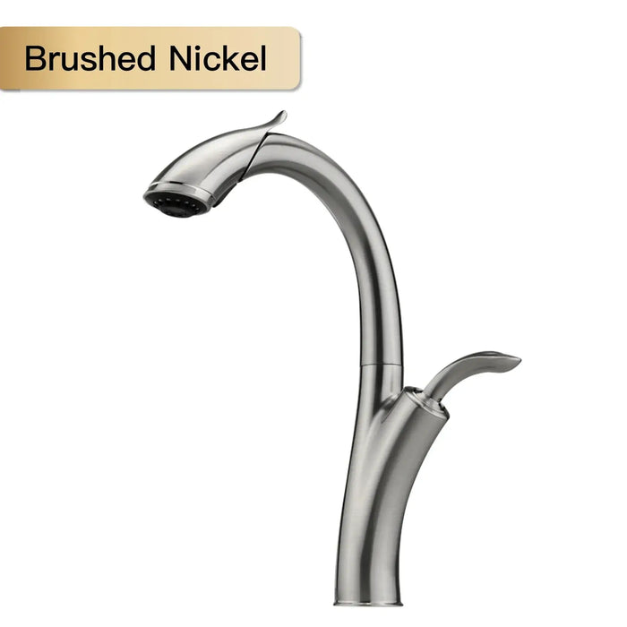 Brushed nickel pull-out kitchen faucet with sleek design and single-handle operation for versatile cooking and cleaning tasks.