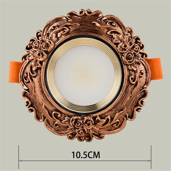 European retro bronze LED COB downlight with ornate design, 10.5cm diameter, suitable for versatile 90-260V installations.