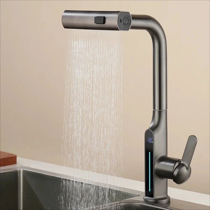 Hydroelectric kitchen faucet with LED temperature display and three water outlet modes for versatile kitchen tasks.