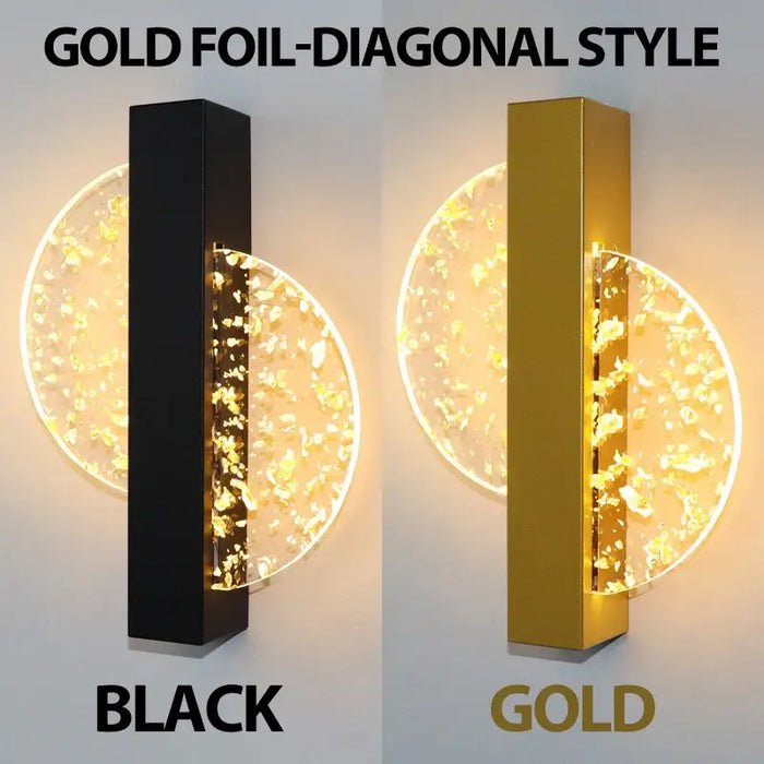 Luxurious gold foil acrylic LED wall lamps in black and gold, modern Nordic style, perfect for upscale interiors.