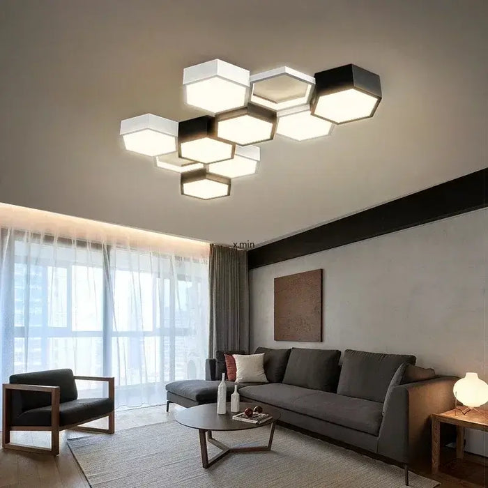 Hexagon ultrathin LED ceiling light illuminating a modern living room with geometric design and stylish ambiance.