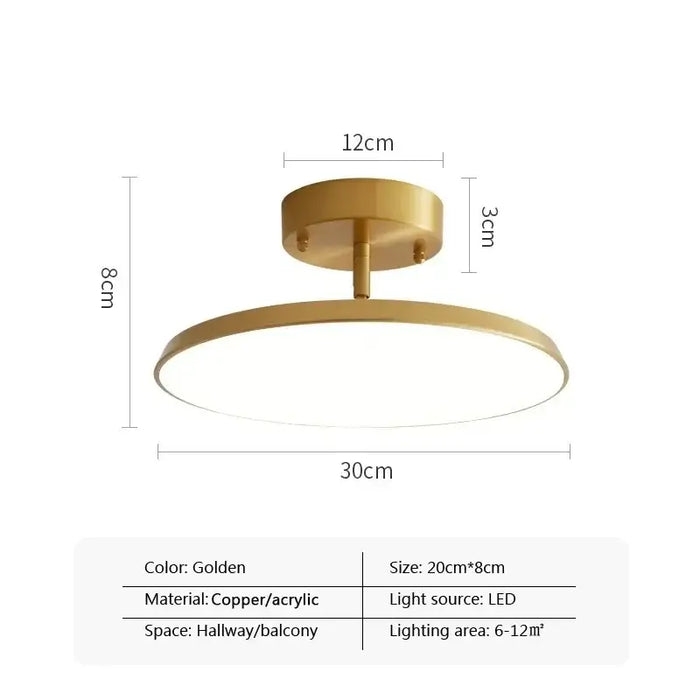 Modern rotatable LED ceiling light in golden, 30cm diameter, ideal for hallways or balconies, copper/acrylic materials.