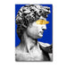 Michelangelo's David sculpture canvas with graffiti art on blue background, modern wall decor.