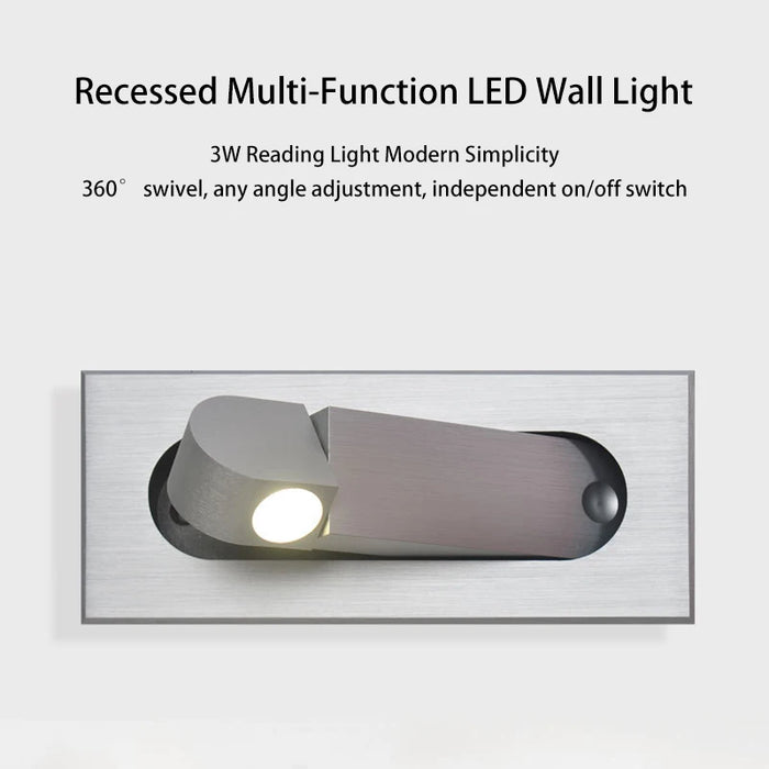 Concealed rotatable LED headboard reading light with 360° swivel, modern design, aluminum finish, and independent on/off switch.