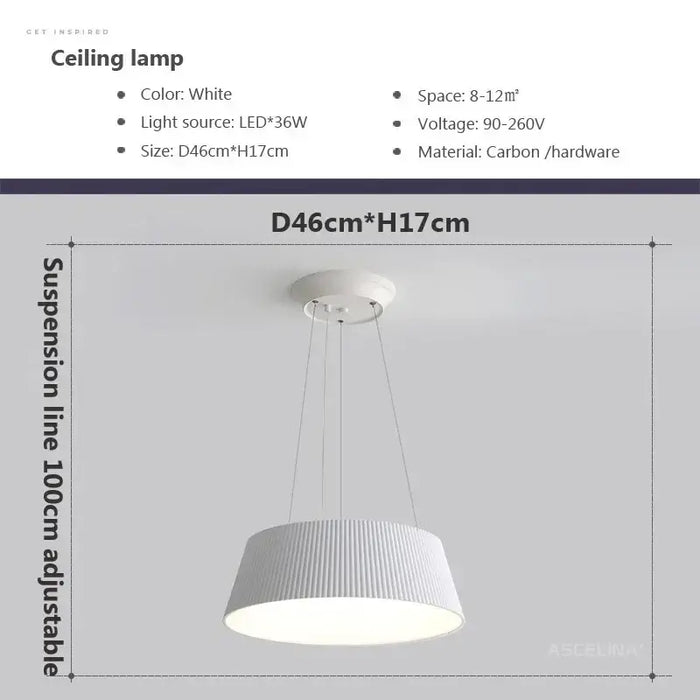 Modern white LED ceiling lamp with adjustable suspension, carbon hardware, and 36W light source for 8-12m² space.