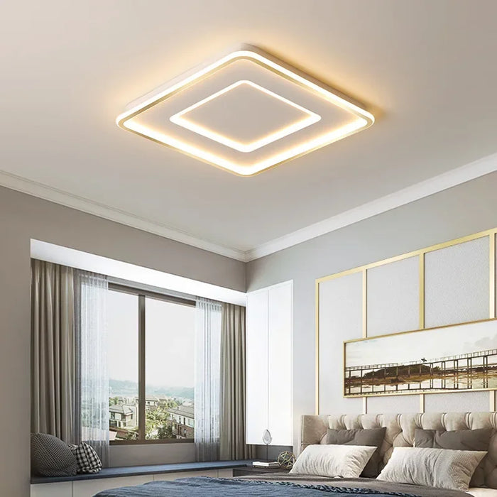 Geometric modern LED ceiling lamp in bedroom with natural light