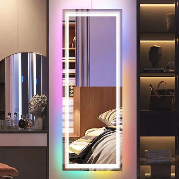 Full-body LED bathroom mirror with RGB lighting and anti-fog feature, set in a modern interior, showcasing vibrant colors.