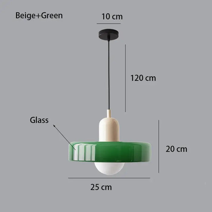 Retro Glass Pendant Light in beige and green with dimensions labeled, featuring a sleek glass design and modern style.